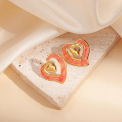 Sweet hollow out heart color enamel stainless steel studs earrings