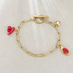 18KG red color enamel charm stainless steel bracelet toggle bracelet