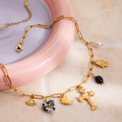 18KG vintage fresh water pearl heart hasma hand charm stainless steel necklace