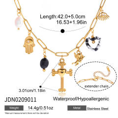 18KG vintage fresh water pearl heart hasma hand charm stainless steel necklace