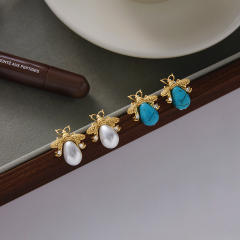 Vintage turquoise pearl drop stainless steel bee earrings for women