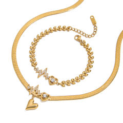 Romantic 18K Gold Rhinestone with Zircon Cut Out Heart Stainless Steel Necklace
