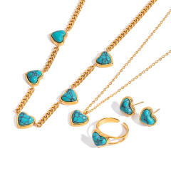 Vintage turquoise stone heart series stainless steel necklace earrings set