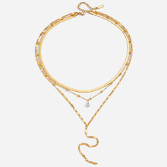 Classic three layer dainty chain diamond stainless steel necklace long necklace