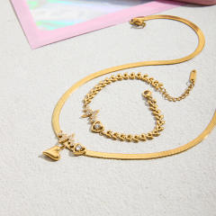 Romantic 18K Gold Rhinestone with Zircon Cut Out Heart Stainless Steel Necklace