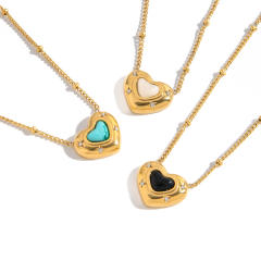 Sweet colorful natural stone inlaid heart stainless steel necklace