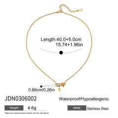 Romantic 18K Gold Stainless Steel with Diamond Heart Cross Glossy Heart Necklace