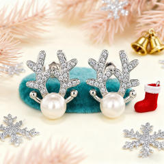 Imitation pearl diamond elk copper studs earrings christmas earrings