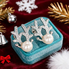 Imitation pearl diamond elk copper studs earrings christmas earrings