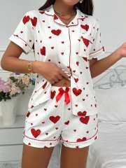 Love Cardigan Lapel Button Pajamas Women's Bow Short-sleeved Shorts Home Clothes Two-piece Set