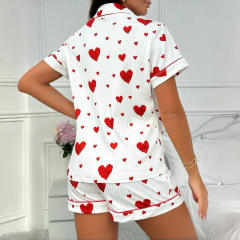 Love Cardigan Lapel Button Pajamas Women's Bow Short-sleeved Shorts Home Clothes Two-piece Set
