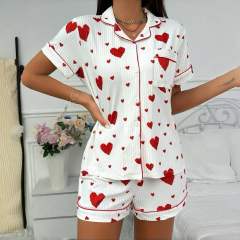 Love Cardigan Lapel Button Pajamas Women's Bow Short-sleeved Shorts Home Clothes Two-piece Set