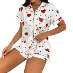 Love Cardigan Lapel Button Pajamas Women's Bow Short-sleeved Shorts Home Clothes Two-piece Set