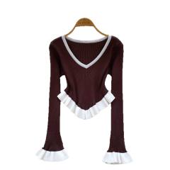 Contrasting Stripesd Knitwear Autum Ruffled Hem Bell Sleeves Slim Fit Outer Bottoming Tops