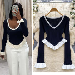 Contrasting Stripesd Knitwear Autum Ruffled Hem Bell Sleeves Slim Fit Outer Bottoming Tops