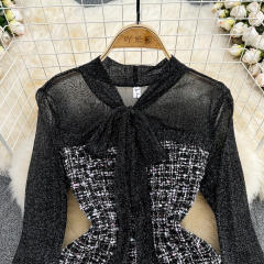 Elegant Ladylike Small Fragrance Style Fluttering Collar Patchwork Waist Ruffled Tweed Dress Autumn