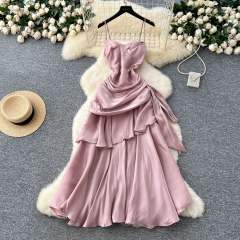 French Style Square Collar Strapless Pleated Waist Ruffled dress Women's Dress