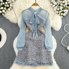 Elegant Ladylike Small Fragrance Style Fluttering Collar Patchwork Waist Ruffled Tweed Dress Autumn