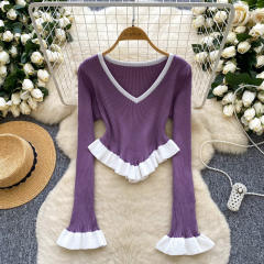 Contrasting Stripesd Knitwear Autum Ruffled Hem Bell Sleeves Slim Fit Outer Bottoming Tops
