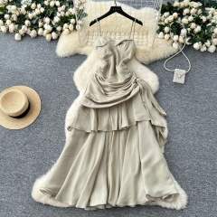French Style Square Collar Strapless Pleated Waist Ruffled dress Women's Dress
