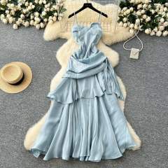 French Style Square Collar Strapless Pleated Waist Ruffled dress Women's Dress