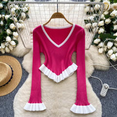 Contrasting Stripesd Knitwear Autum Ruffled Hem Bell Sleeves Slim Fit Outer Bottoming Tops