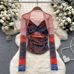 American Style Spice Tie-Dye Mesh Base Shirt Long-Sleeved T-Shirt for women