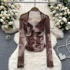 American Style Spice Tie-Dye Mesh Base Shirt Long-Sleeved T-Shirt for women