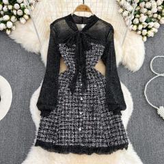 Elegant Ladylike Small Fragrance Style Fluttering Collar Patchwork Waist Ruffled Tweed Dress Autumn