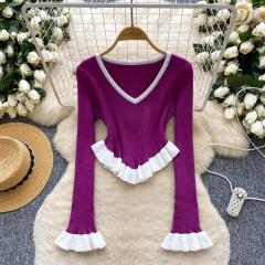 Contrasting Stripesd Knitwear Autum Ruffled Hem Bell Sleeves Slim Fit Outer Bottoming Tops