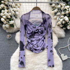 American Style Spice Tie-Dye Mesh Base Shirt Long-Sleeved T-Shirt for women