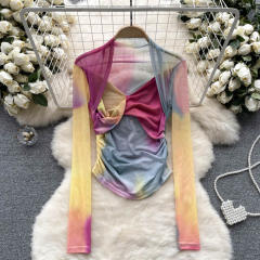 American Style Spice Tie-Dye Mesh Base Shirt Long-Sleeved T-Shirt for women