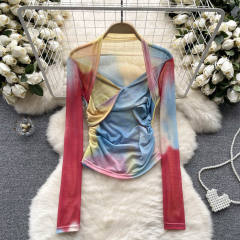 American Style Spice Tie-Dye Mesh Base Shirt Long-Sleeved T-Shirt for women