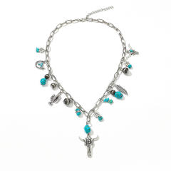 Western Denim Retro Ethnic Style Imitation Turquoise Alloy Bull Head Feather CCB Beaded Necklace for Women