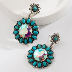 Hot-Selling Turquoise Earrings Western Ethnic Style Alloy Inlaid Large Glass Diamonds Earrings for Women
