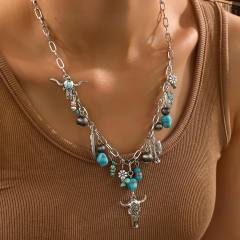Western Denim Retro Ethnic Style Imitation Turquoise Alloy Bull Head Feather CCB Beaded Necklace for Women