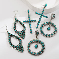 New Retro Cross Hollow Oval Earrings Turquoise Earrings Western Ethnic Style Distinctive Earrings