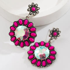 Hot-Selling Turquoise Earrings Western Ethnic Style Alloy Inlaid Large Glass Diamonds Earrings for Women