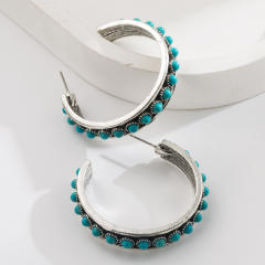 New Western Ethnic Style Large C-Shaped Exaggerated Earrings Alloy Inlaid with White Turquoise Earrings