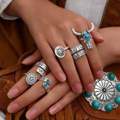 10pcs vintage boho imitation turquoise stone alloy rings set stackable rings