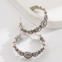 New Western Ethnic Style Large C-Shaped Exaggerated Earrings Alloy Inlaid with White Turquoise Earrings