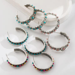 New Western Ethnic Style Large C-Shaped Exaggerated Earrings Alloy Inlaid with White Turquoise Earrings