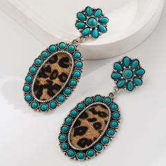 Western Ethnic Style Elegant Earrings Personalized Alloy Set Turquoise Leopard Leather Earrings