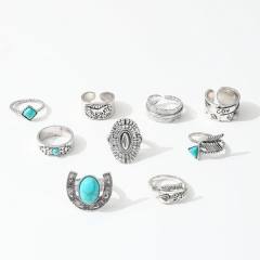 Western cowboy retro style turquoise antique silver arrow feather horse multi-element ring