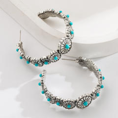 New Western Ethnic Style Large C-Shaped Exaggerated Earrings Alloy Inlaid with White Turquoise Earrings