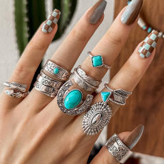Western cowboy retro style turquoise antique silver arrow feather horse multi-element ring