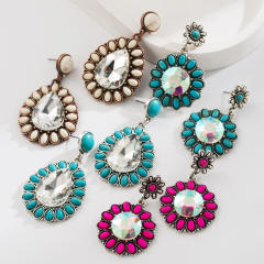 Hot-Selling Turquoise Earrings Western Ethnic Style Alloy Inlaid Large Glass Diamonds Earrings for Women
