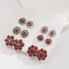 Exaggerated Western Ethnic Style Turquoise Earrings Flower Bull Head Pony Geometric Set Earrings Earrings for Women