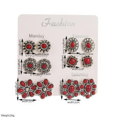Exaggerated Western Ethnic Style Turquoise Earrings Flower Bull Head Pony Geometric Set Earrings Earrings for Women