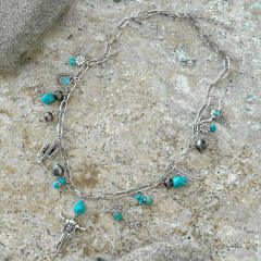 Western Denim Retro Ethnic Style Imitation Turquoise Alloy Bull Head Feather CCB Beaded Necklace for Women